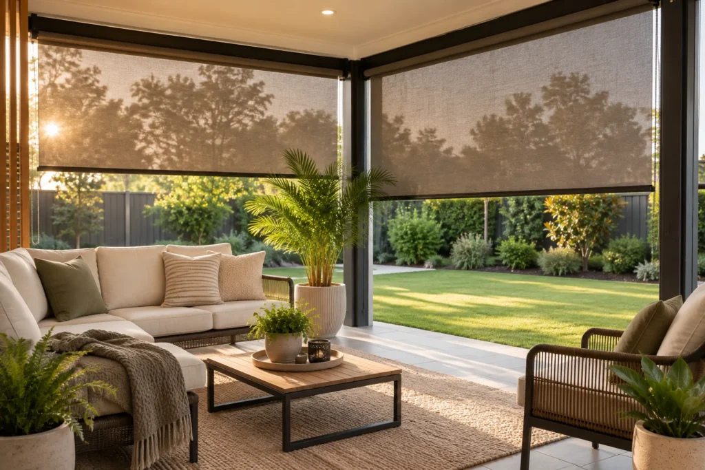 Outdoor patio with blinds