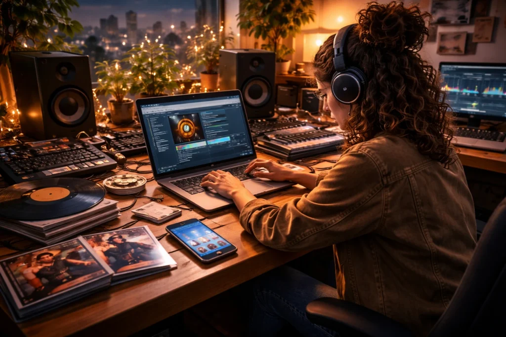 Indie artist uploading tunes in the studio