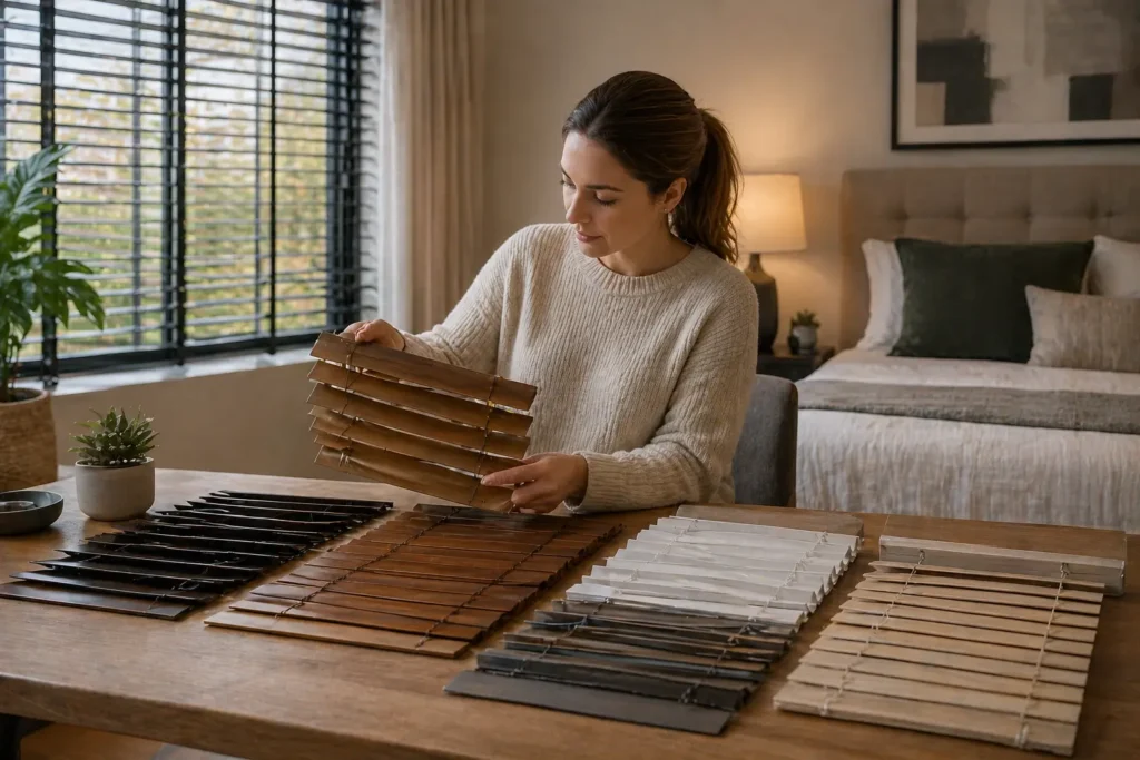 Homeowner choosing the material for her window blinds