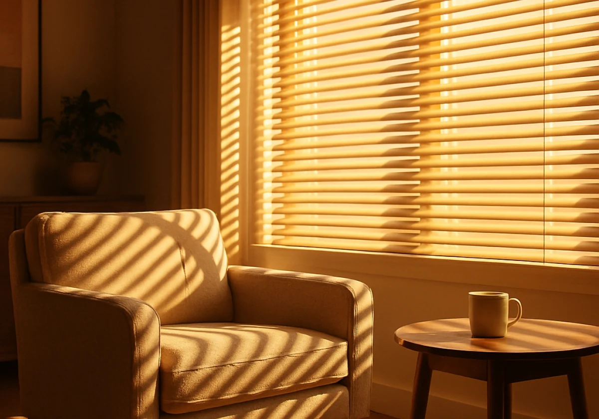 Modern living room in bright late afternoon with venetian blinds