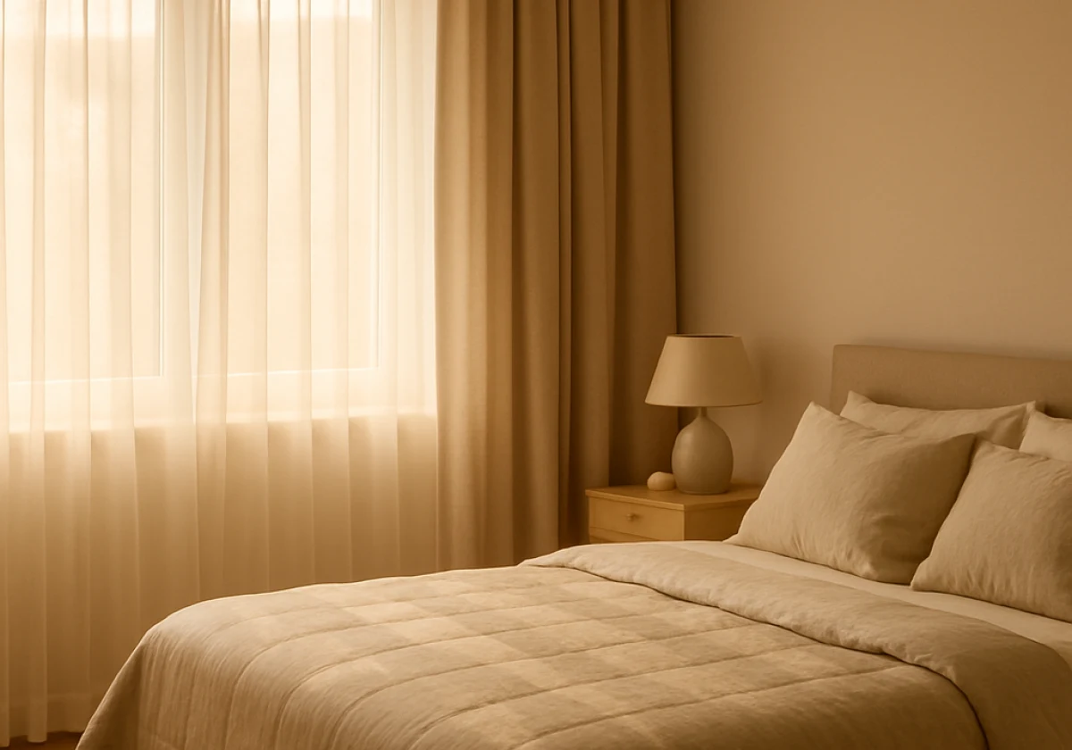 Peaceful bedroom with sheer curtains hung close