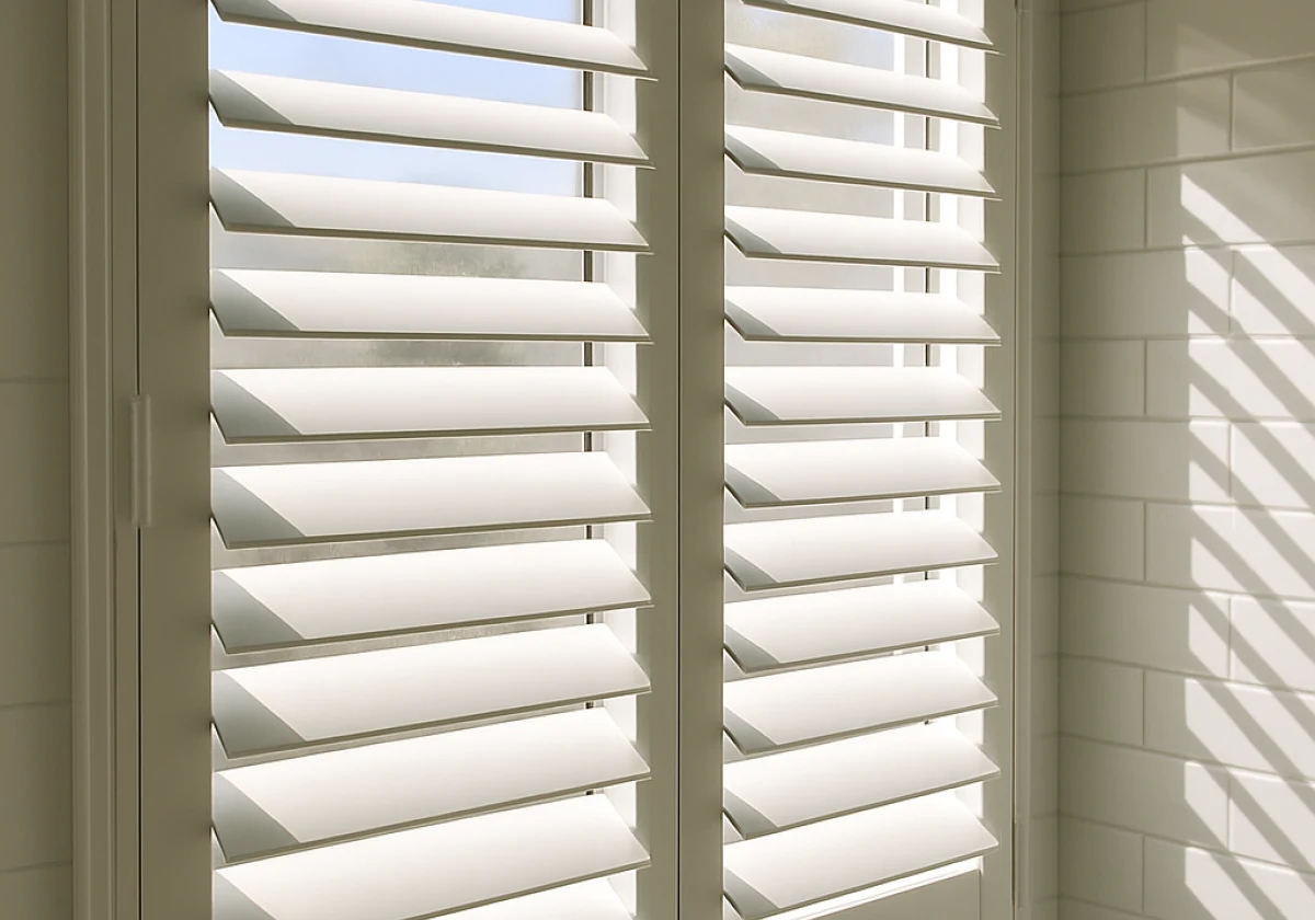 White aluminum plantation shutters installed in a bathroom window
