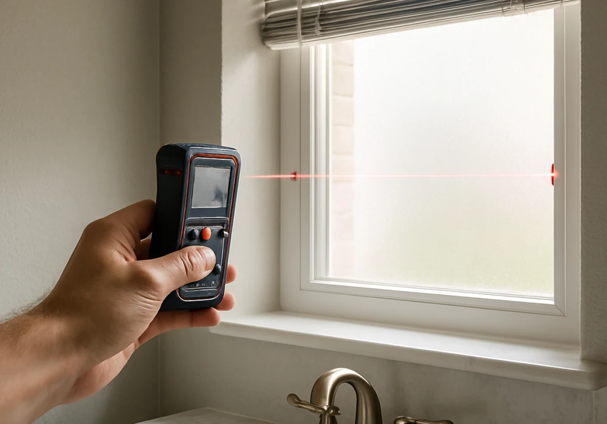 A hand holding a laser measuring device aimed at a bathroom window